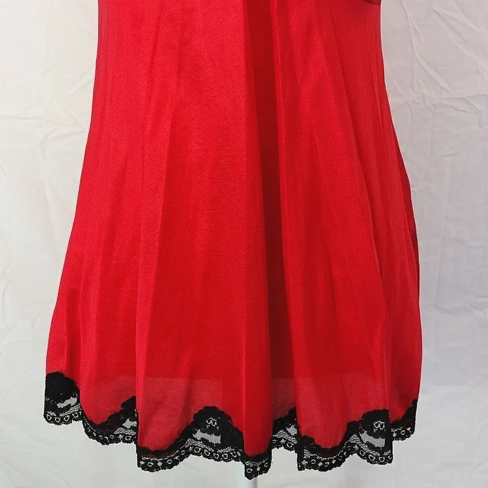 VTG 60s USA Red Black Nylon Scoop Neck Babydoll Lingerie Slip Small RARE - Picture 6 of 16